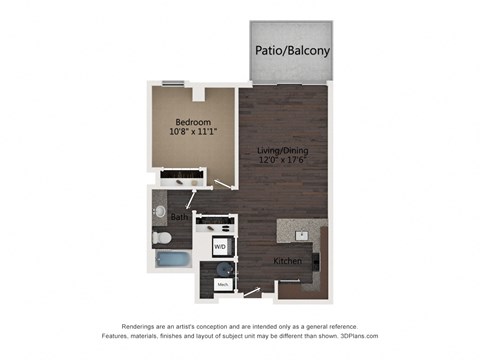 Floor plan for 1 bed, 1 bath, 707 sqft
